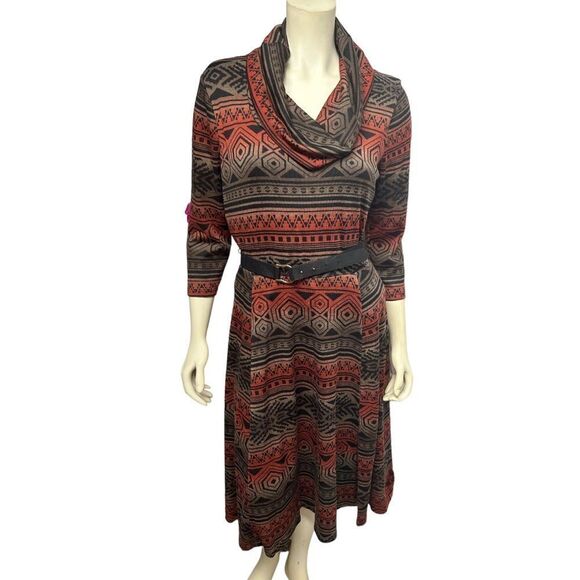 Signature by Robbie Bee Red Black Gray Belted Cowl Neck Long Sleeve Knee Dress - Picture 1 of 6